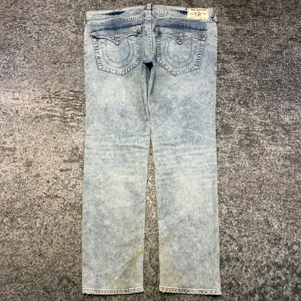 True Religion Ricky Jeans Relaxed Straight 42x33 Acid Wash Blue Flap Pockets